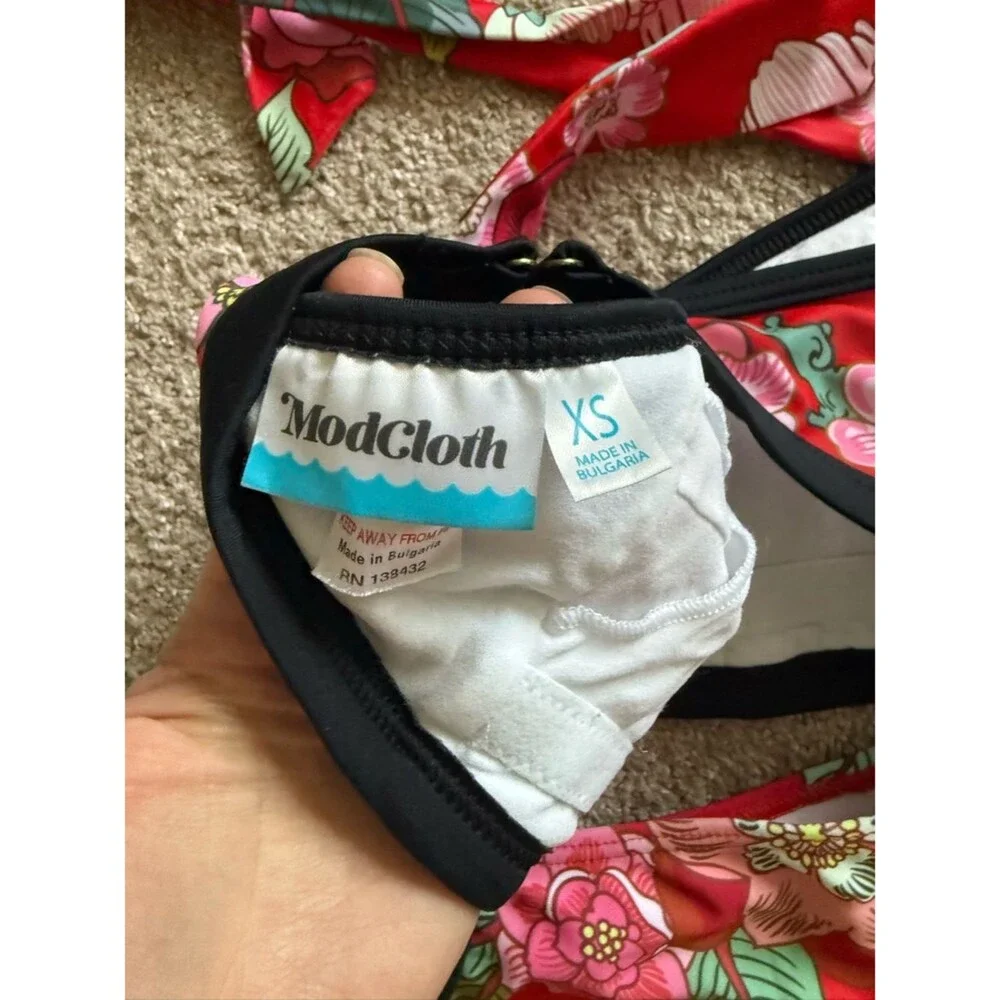 Modcloth Red Floral High-Waist Bikini Set Size XS